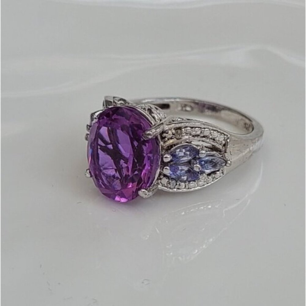 Vintage Boho Chunky Sterling Silver Purple Amethyst Tanzanite Oval Crystal Ring - Picture 4 of 8
